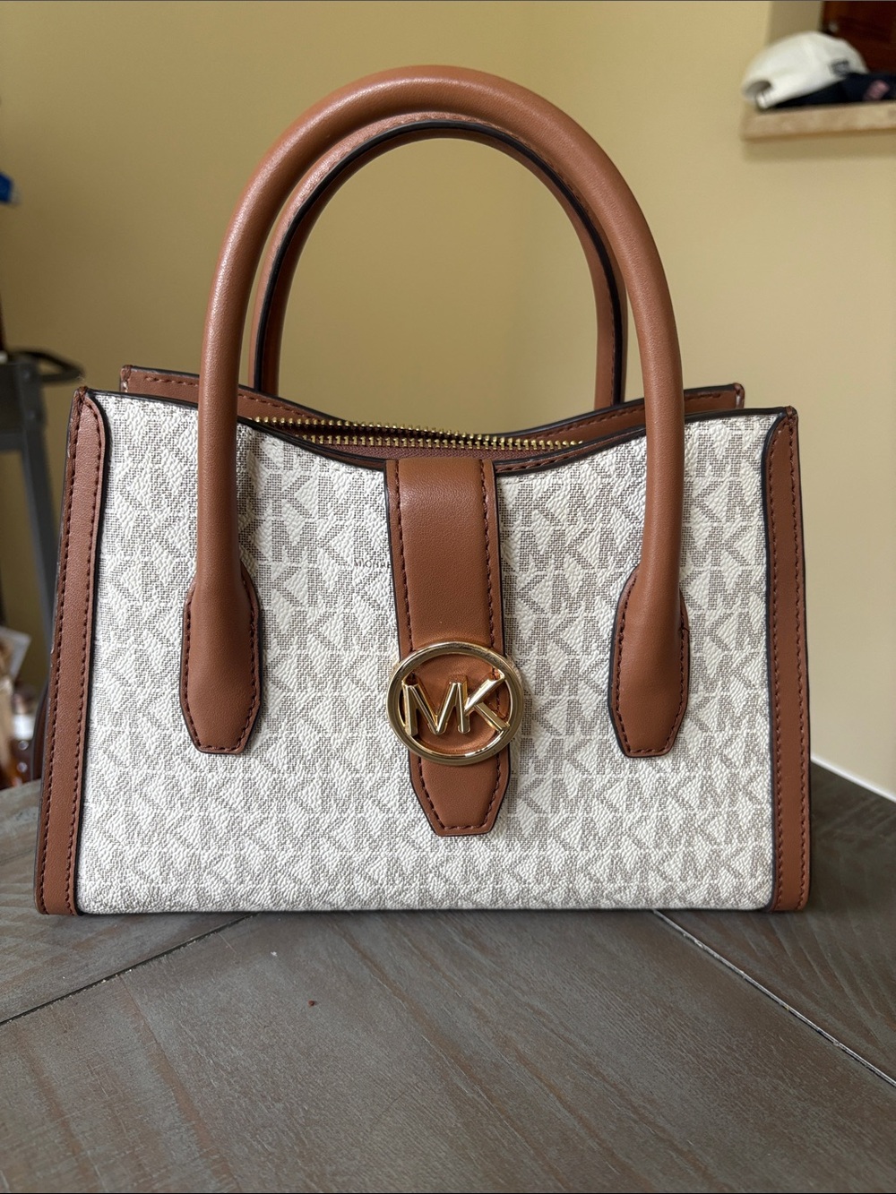 Michael Kors Cream Signature Satchel with Brown Trim